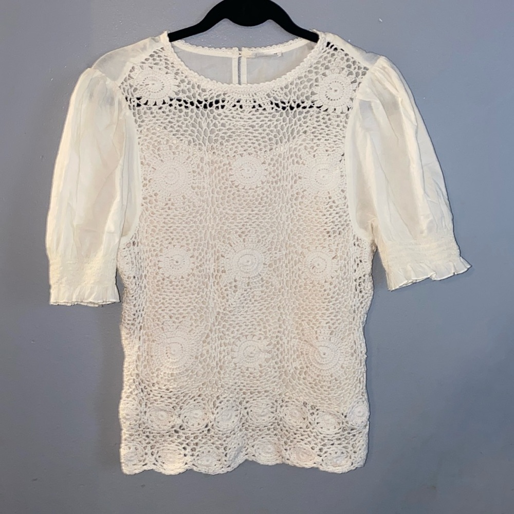 Allison New York - CROCHET PUFF SLEEVE TOP - Cream Size M 100% Cotton
